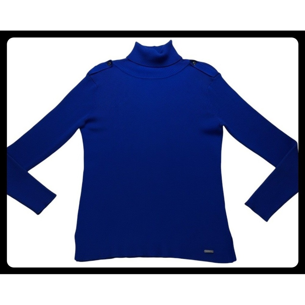 Calvin Klein Turtleneck Sweater Women Medium Blue Ribbed Epaulette Pullover